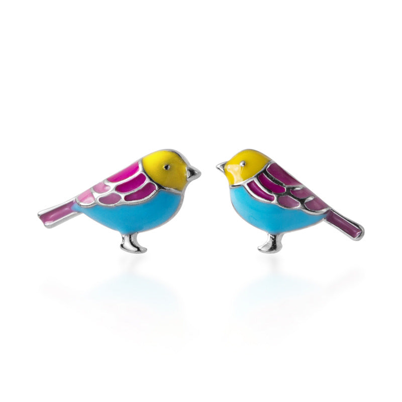 Colourful Silver & Enamel Bird Earrings